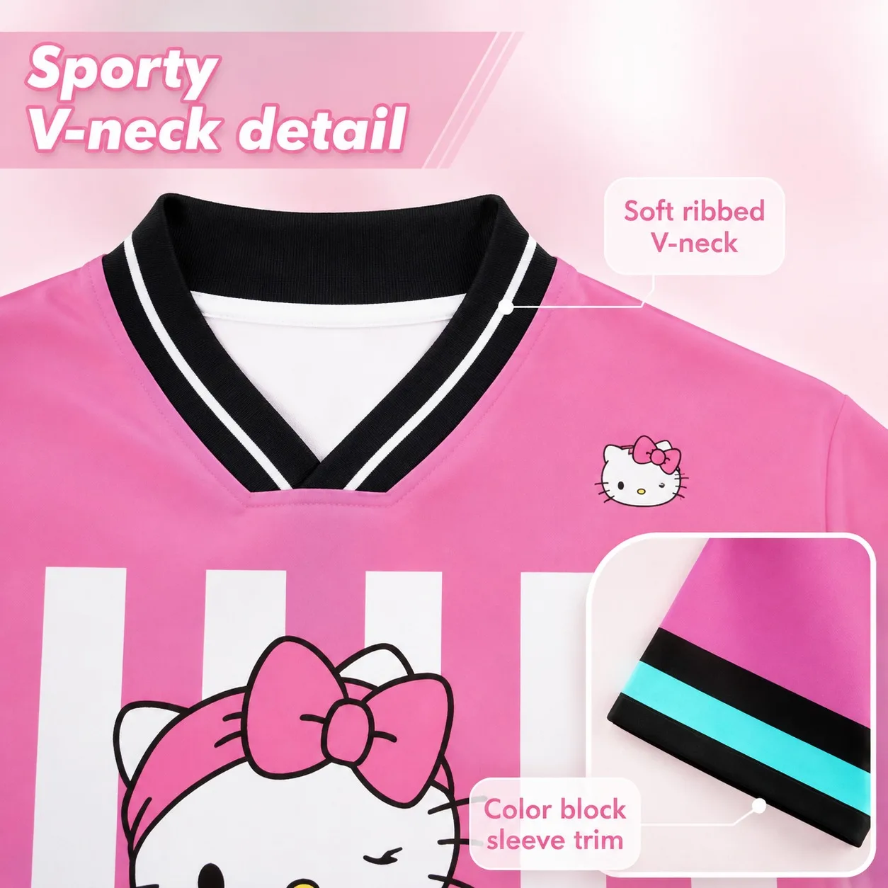 Pink White Striped Hello Kitty V-Neck Oversized Jersey Cute Skate Cartoon Front Back Print Kawaii Streetwear Casual T-shirt view 4
