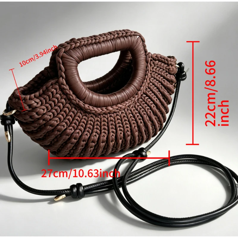 Gestrickte Garn-Umhängetasche, Einfarbige Damen-Handtasche, Schlichte Casual-Strandtasche für den Urlaub am Meer – Detail 1