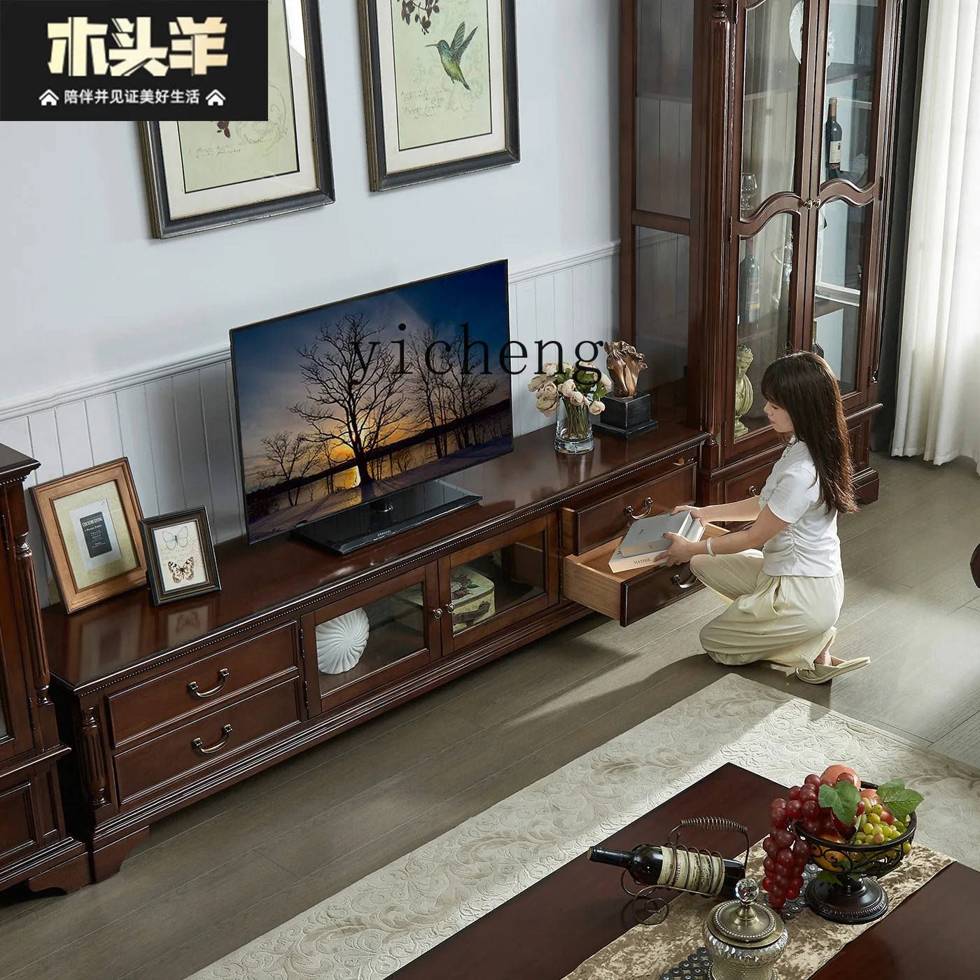 

ZYA TV Cabinet Solid Wood Wine Cabinet Coffee Table Set Retro Villa Living Room Furniture Storage Floor Cabinet