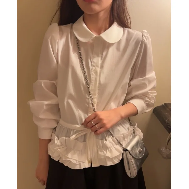 

Spring New Style Women's Long Sleeve Shirt Puffy Petal Hem Lace Doll Collar Short Size Cotton Polyester Blend Straight Cut
