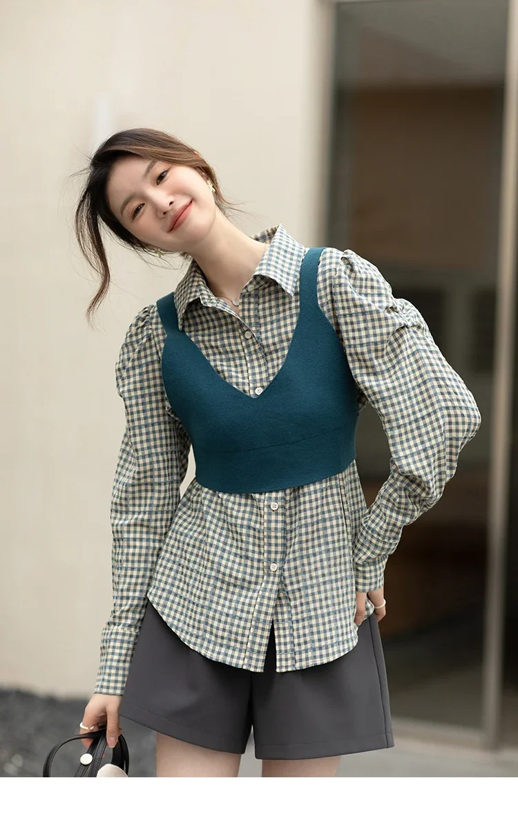 MISHOW Plaid Shirt for Women Knitted Vest Crop Tops Spring New Button Up Long Sleeve Vintage Blouse Female Separately MXB12Z0296