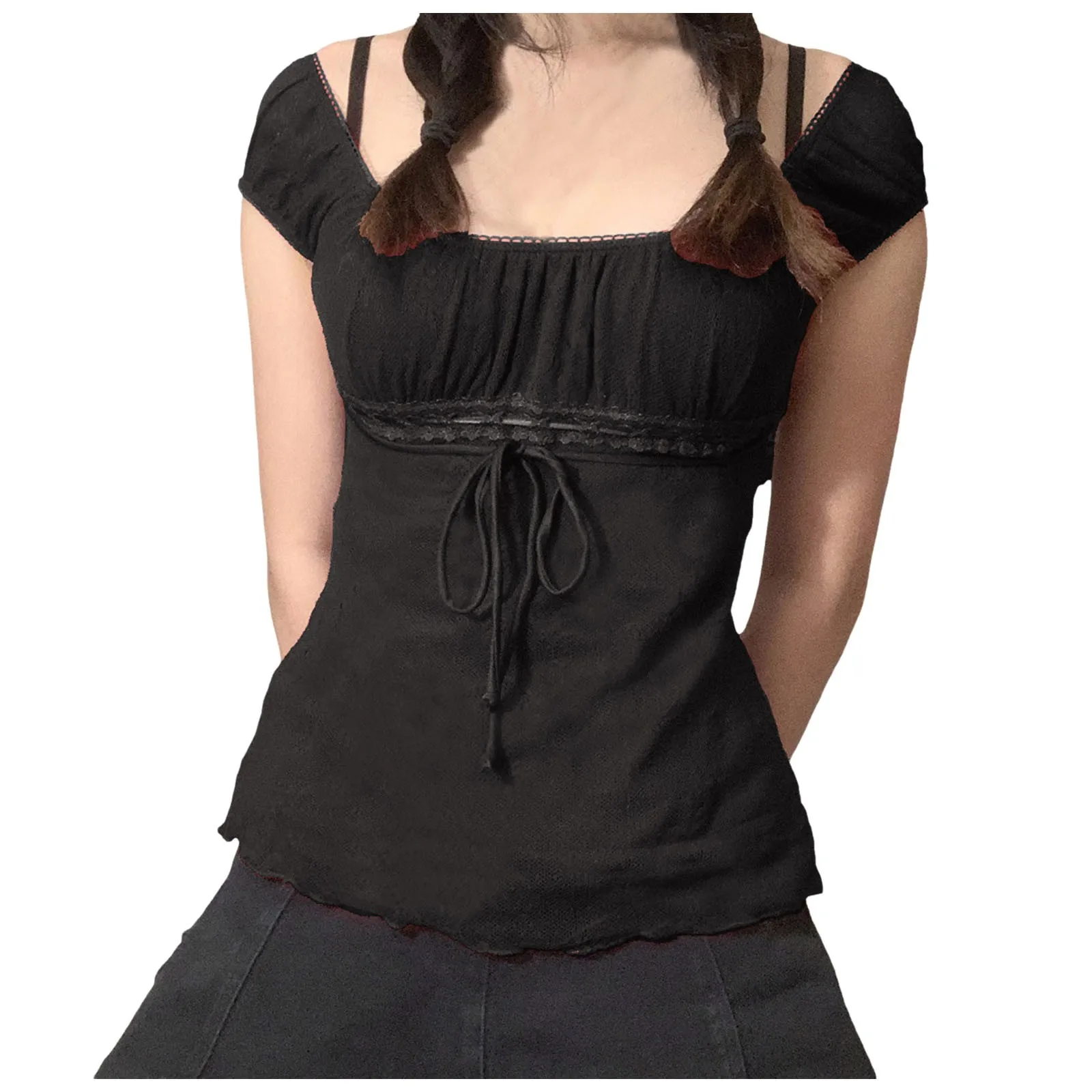 Y2K الملابس 2000s الجمالية بلوزات من الدانتيل أحمر أسود قبالة الكتف الرباط تي شيرت المرأة الجنية الجرونج المحاصيل القمم الحلو القوس تي شيرت #6