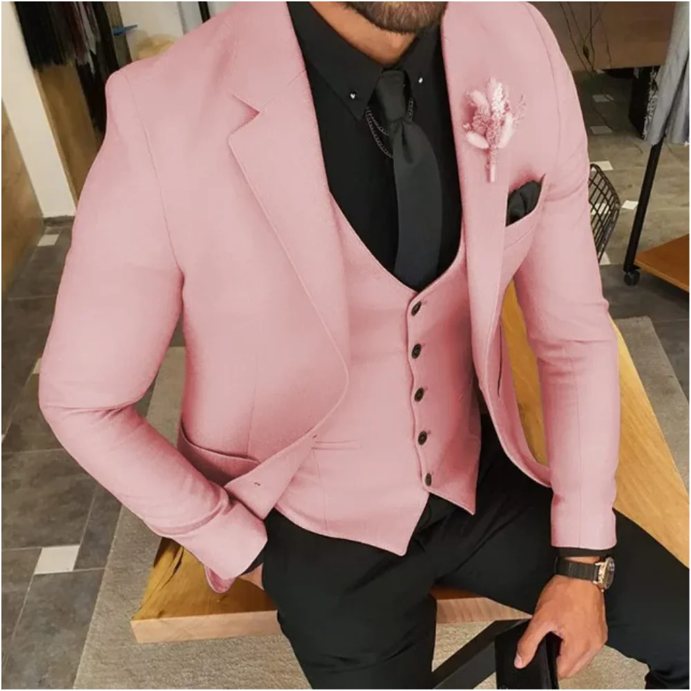 

Pink Fashion Costume Business Men Suits Wedding Groom Tuxedo Slim Fit Terno Masculino Prom Party Blazer 3 Pcs Jacket+Pant+Vest