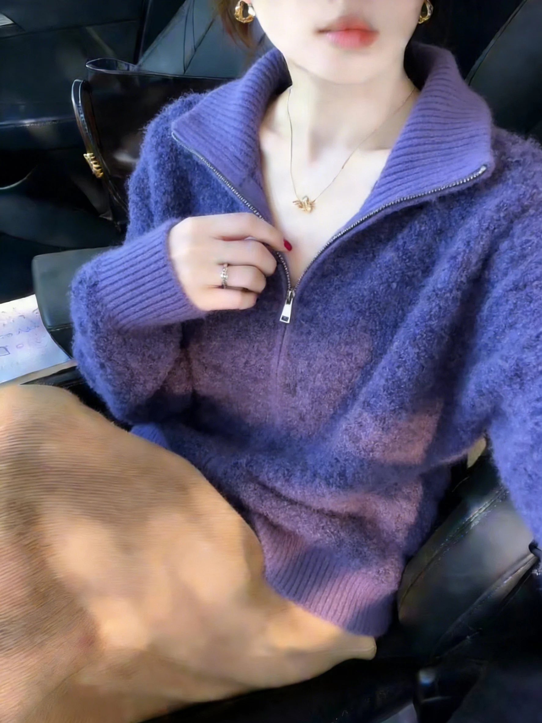 

Soft Purple Knitted Open Cardigan Women's Autumn Winter New Loose Double Zipper Knitted Outerwear Korean Style Commute