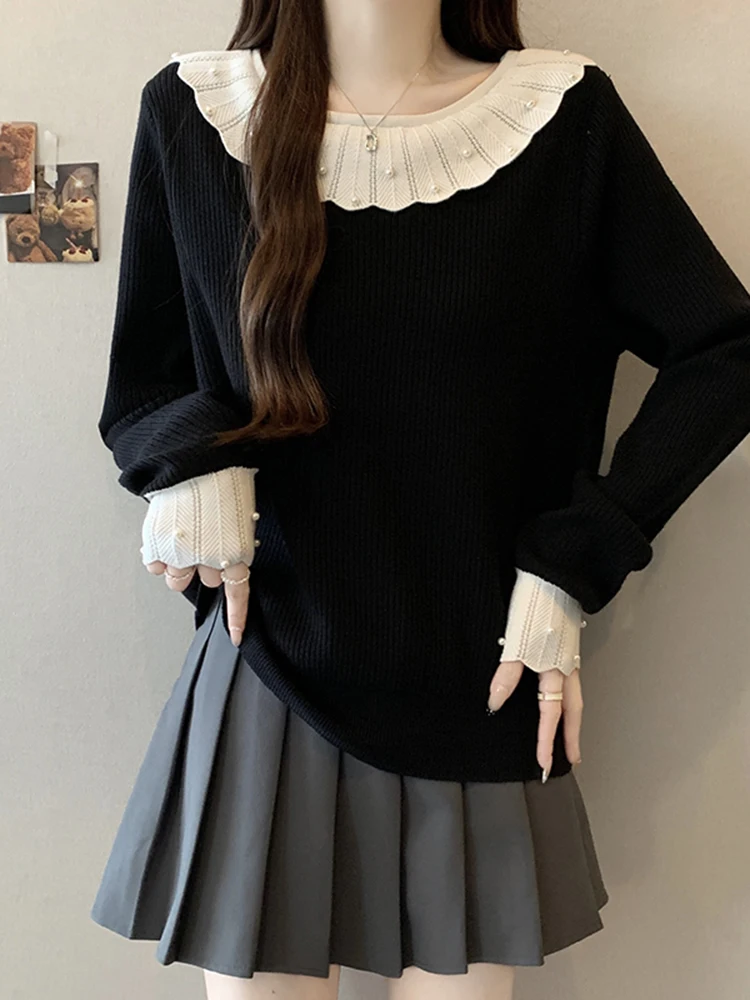 

Loose Long Sve round Ne Spliced Knitted Sweater Women's Winter Casual Sle plus Size Comfortable Slimming Base Layer