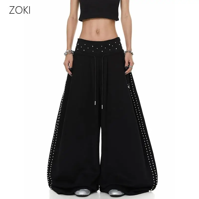Women Vintage American Pants High Waist Double Waistband Wide Leg Trousers Loose Casual Streetwear Jazz Hip Hop Pants