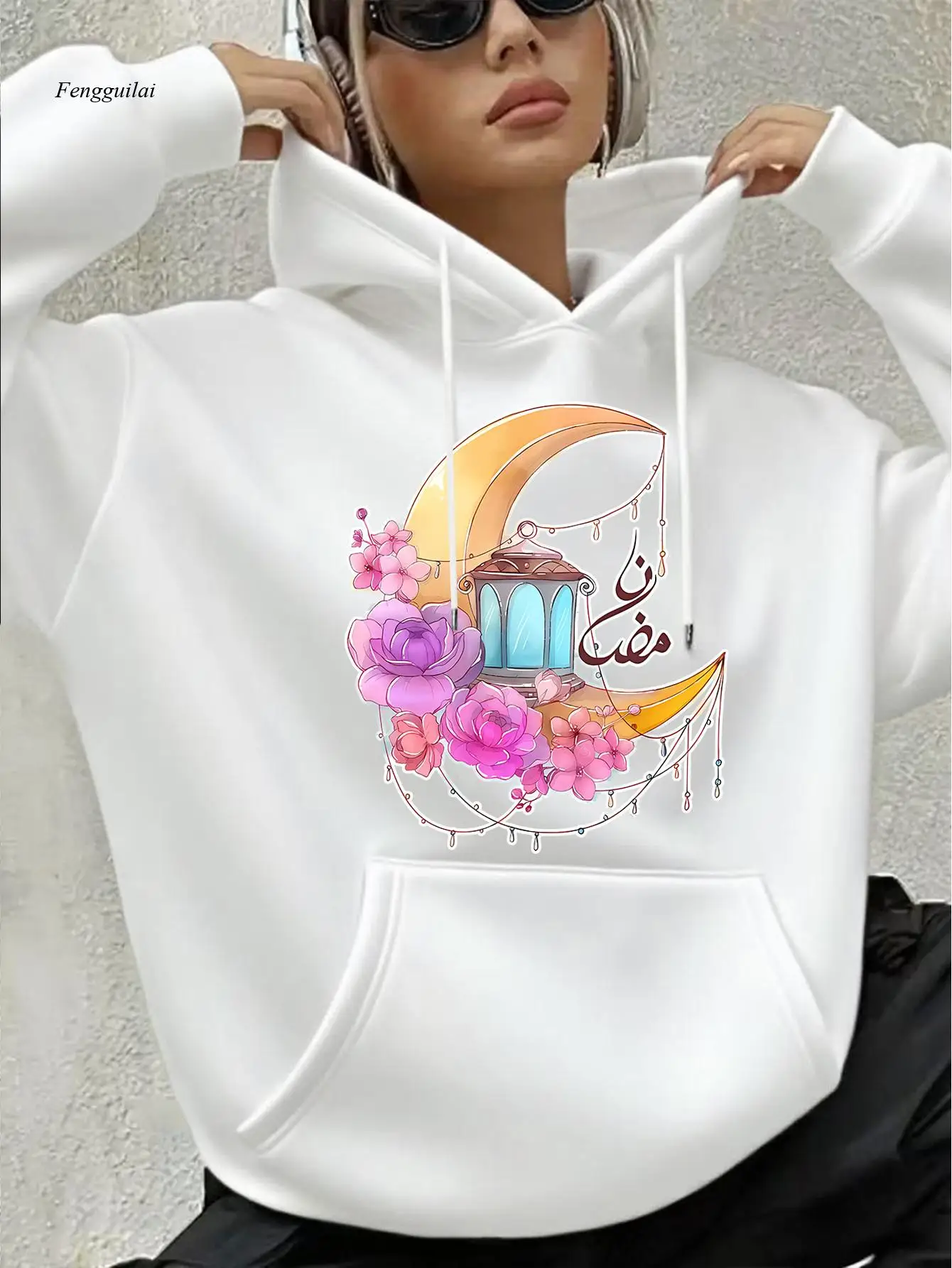 

Уютная толстовка на флисовой подкладке с лунным и цветочным принтом — повседневный пуловер, свитшот, длинный рукав, капюшон на шнурке