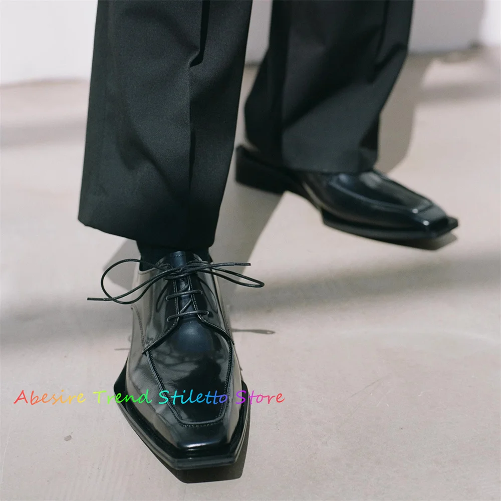 

Black Patent Leather Men Shoes Square Toe Luxury Handmade Designer Brand Lace Up Flat Men Business Dress Leather Shoes