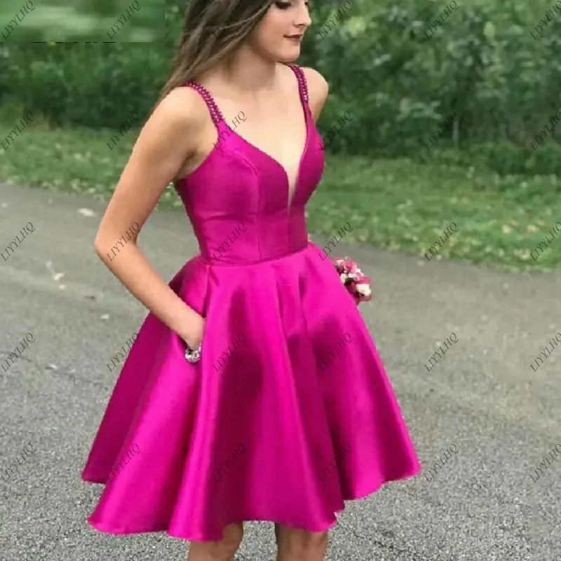 LIYYLHQ Fuchsia Short Prom Dresses With Pockets A Line Stain Pleated Short Knee Length Sexy Backless Lace Up Wedding Party Gowns