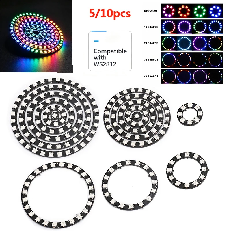 5/10PCS WS2812B RGB LED Ring Light,8/12/16/24/32/40 Pixel Individually Addressable Round LED Module,WS2812 IC Full Color Circle