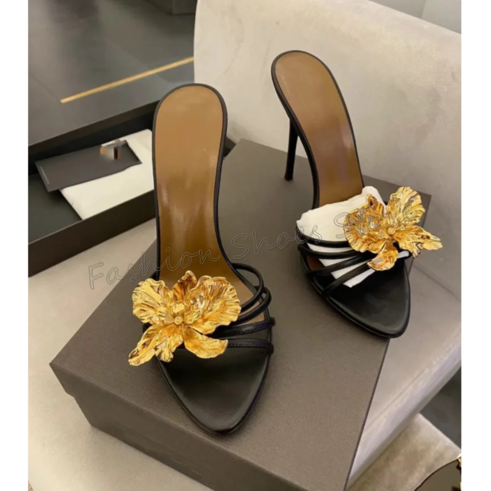 

Black Flower Decor Open Toe Slippers Hollow Out Women Shoes Stilettos High Heels Party Banquet Dating 2025 Zapatos Para Mujere