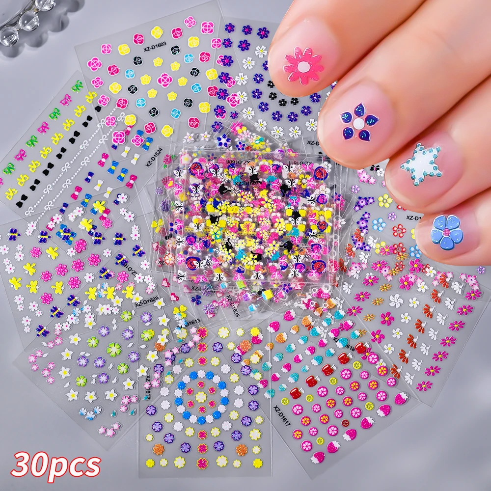 30Pcs/set Colorful Flowers Nail Art Sticker 3D Mini Floret Butterflies Nail Slider Self-adhesive Manicure Decal Accessories