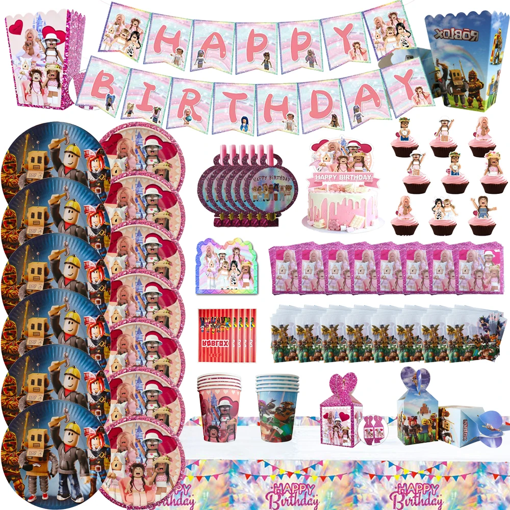 

Cartoon Roblox Theme Birthday Party Decoration Backdrop Robot Game Background Cup Plate Balloon Supplies Baby Shower Banner Gift
