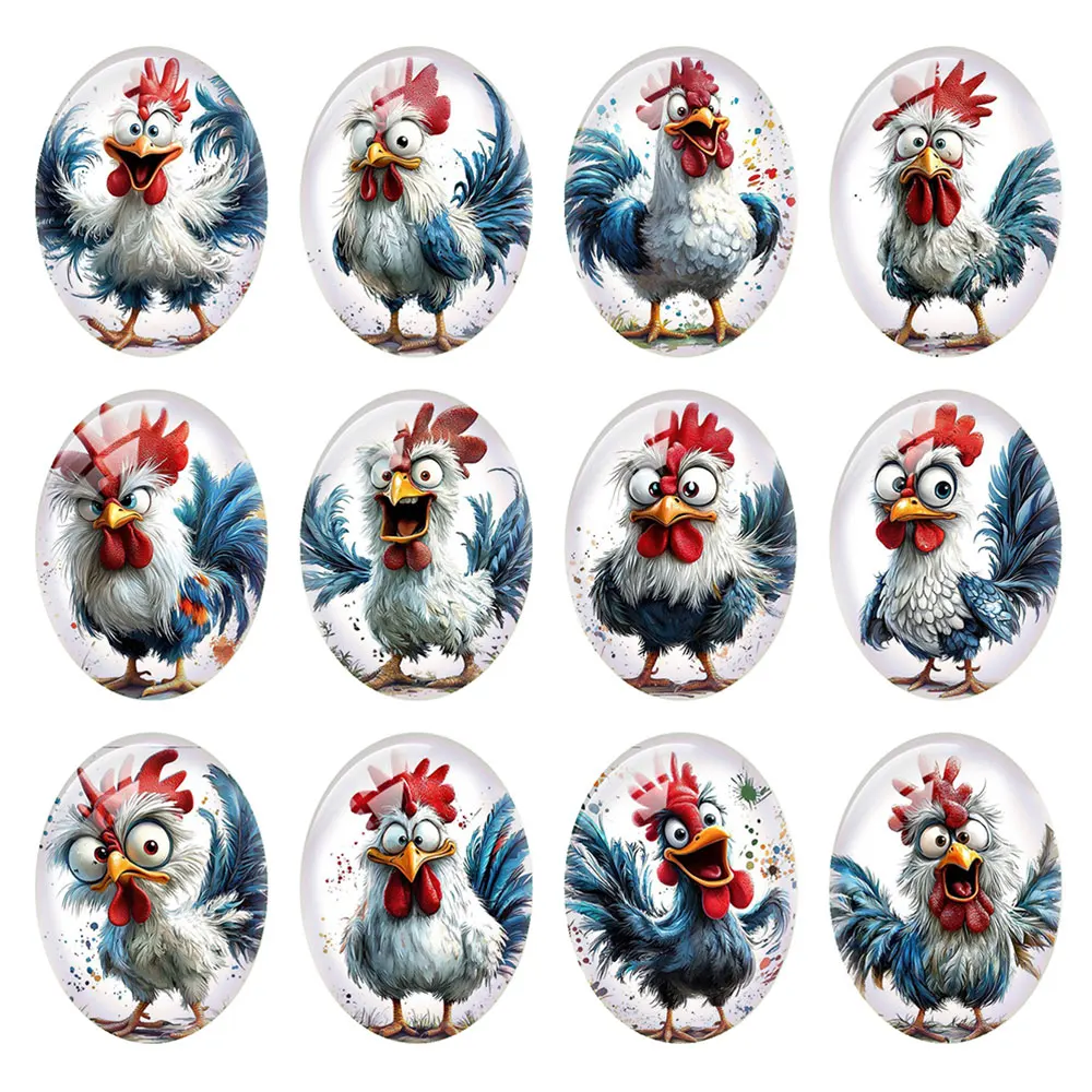 Random Mixed Round/Oval/Square Blue Feather Funny Rooster Photo Glass Cabochon Flatback Demo Cameo For Diy Jewelry Making
