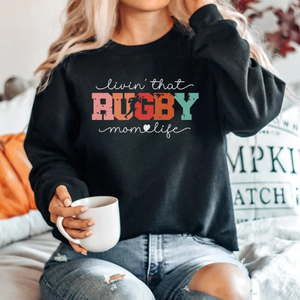 Rugby Mom Retro Sweatshirt Match Day Tops Collage Playing Team Season Sports School Fan Mama Pullover Mother's Day Birthday Gift