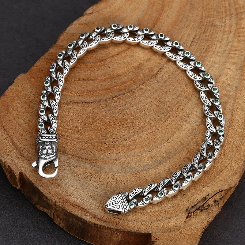 S925 Sterling Silver Lion Bracelet 8mm Old Process 20CM Heavy Body Zircon Unisex Design Fine Jewelry FYBT142