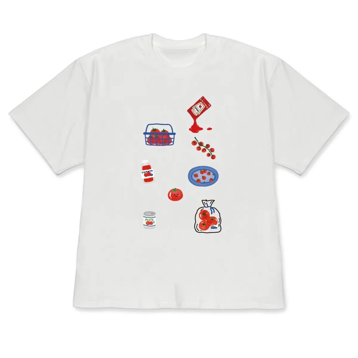 Unisex Korean Style Crew Neck Tee, Kawaii Hand-Drawn Tomato Food Graphic Print Casual Versatile Short Sleeve T-shirt