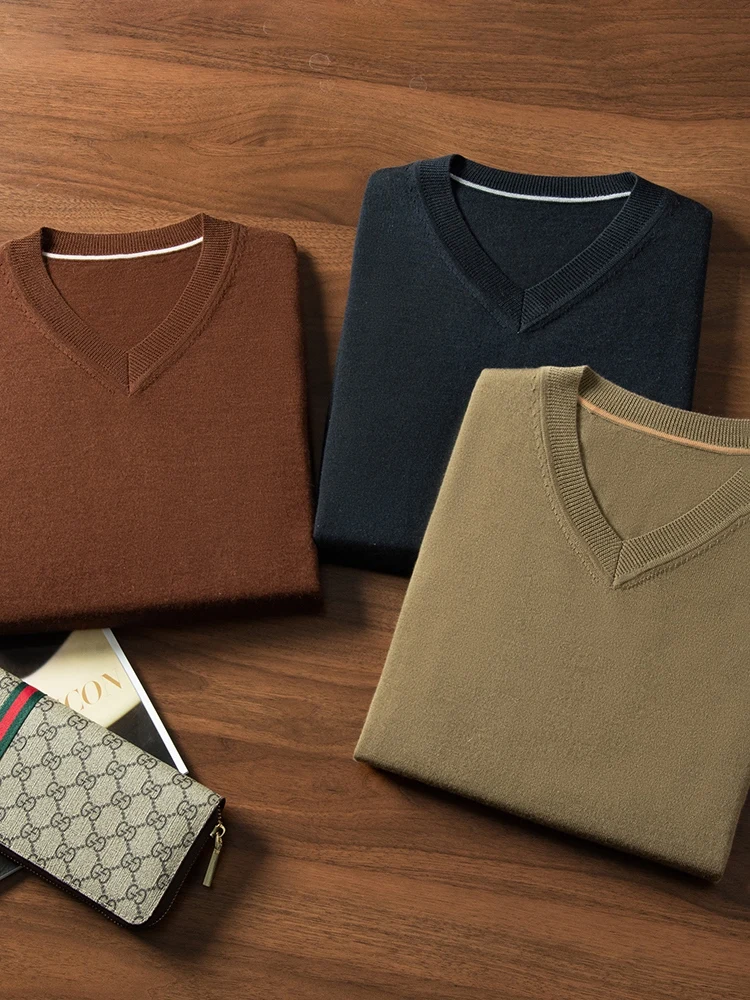 Men V-neck Cashmere T-shirt Spring Summer Basic Short Sleeve Pullovers 100% Worsted Cashmere Knitwear Casual Thin Sweater Tops