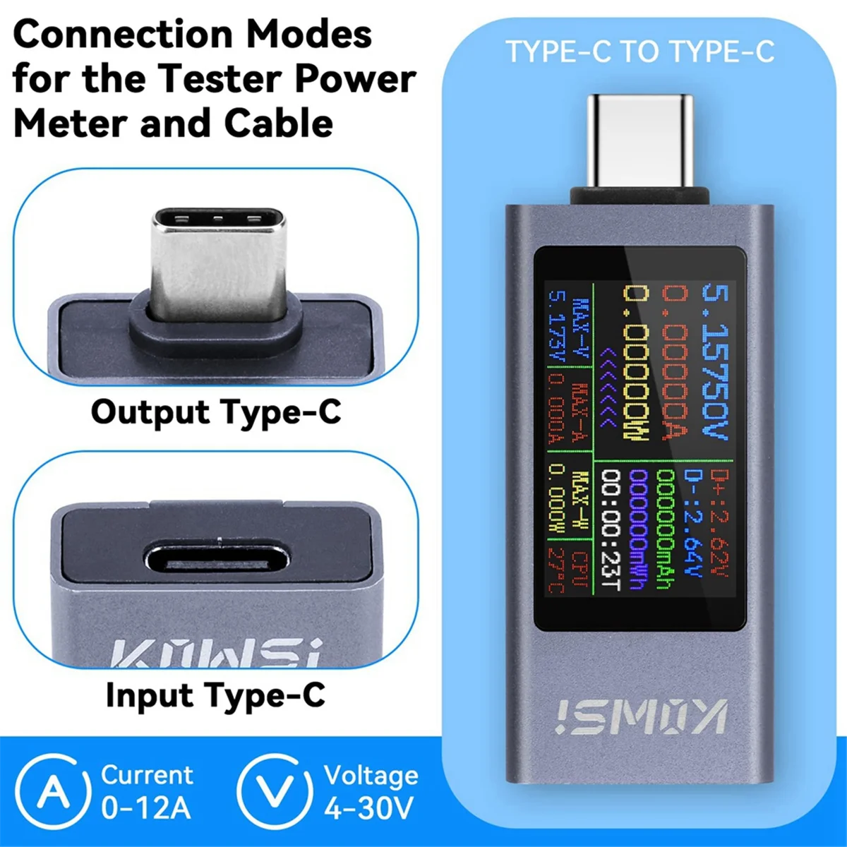 جهاز قياس الطاقة T88C USB C، مقياس رقمي متعدد مع شاشة ملونة كبيرة، جهاز قياس الجهد والتيار للشواحن والطاقة