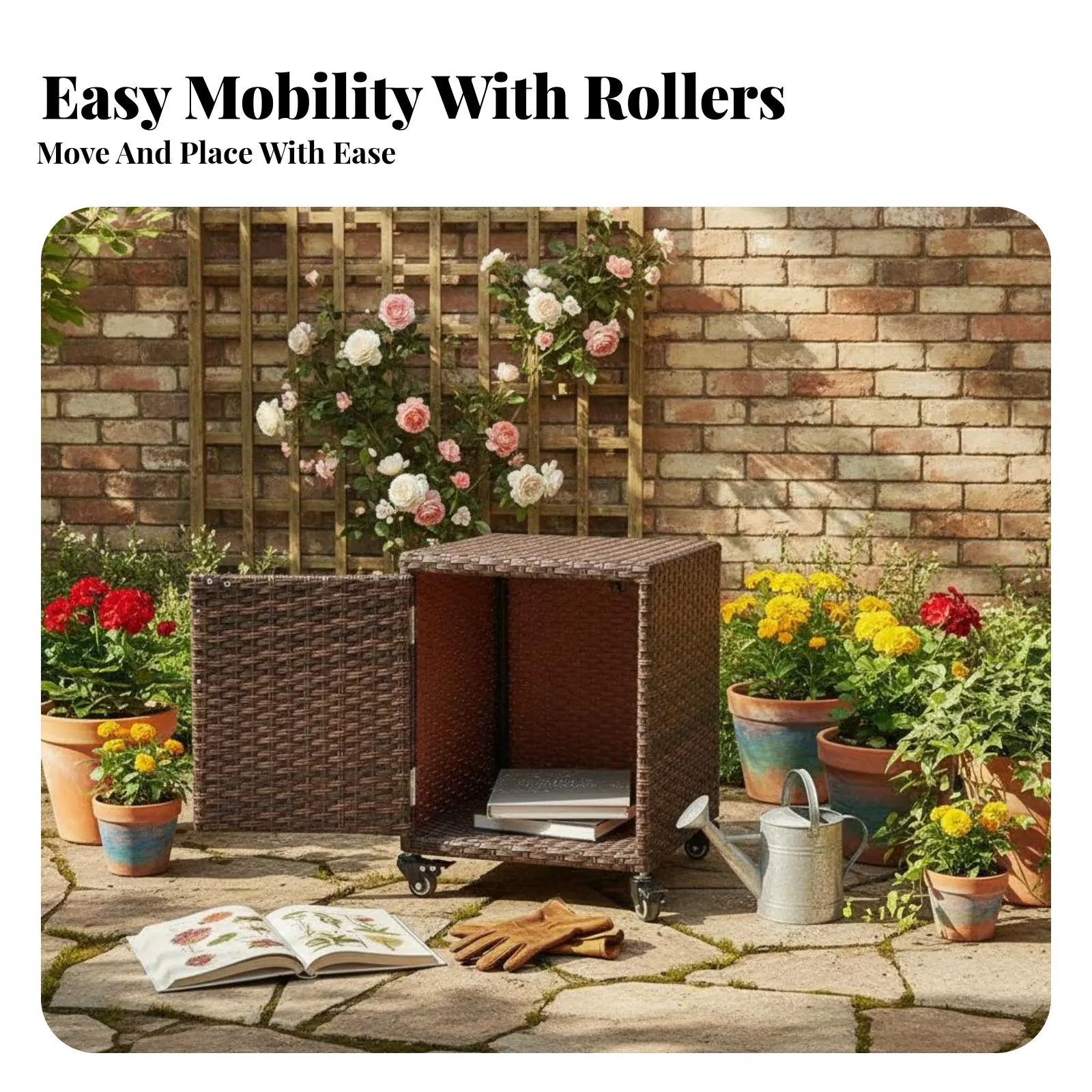 

Rolling Wickerdesign Cabinet Woven Texture Wicker Organizer Universal Mobile Design Ample Storage Space for Patio Owners