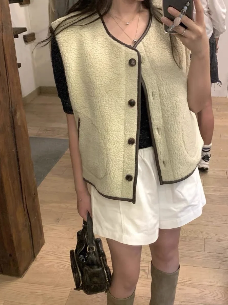 

Warm Lamb Fur Trimmed Vest Autumn Winter High Quali Texture Women's Jaet Vest Cotton 00% Plain Outerwear