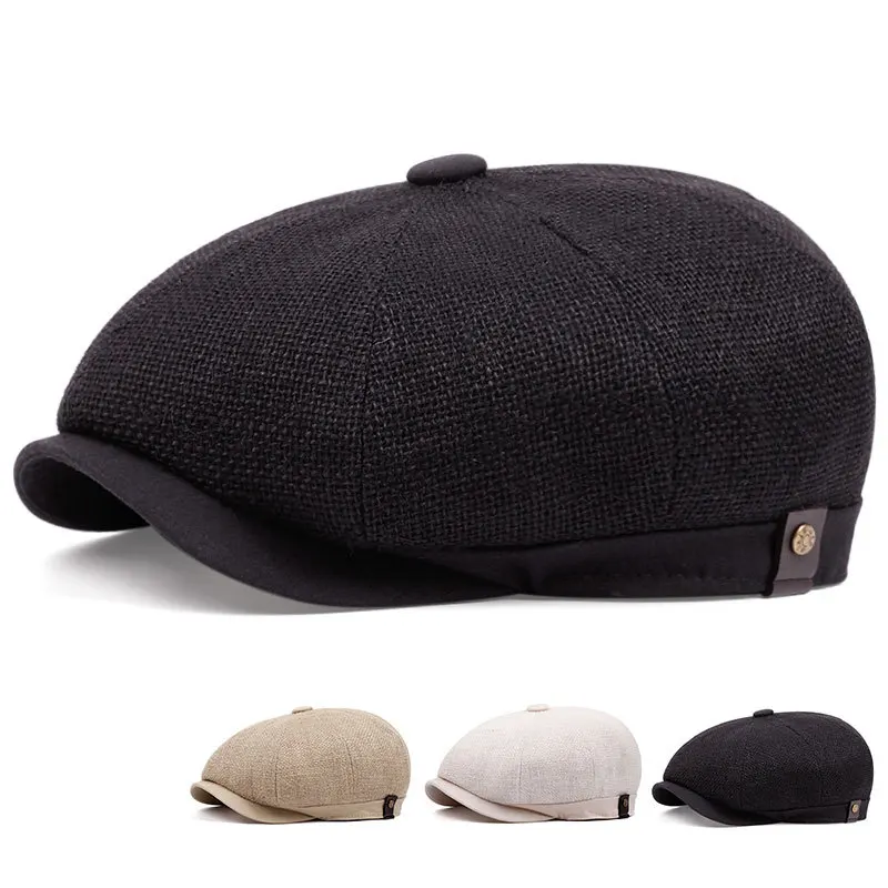 Summer Linen Newsboy Cap Breathable Lightweight Ivy Flat Cap Vintage British Gatsby Hat Adjustable Outdoor Driving Sun Beret Hat