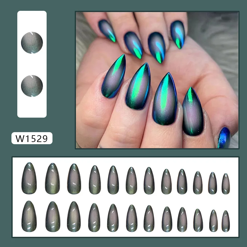 24pcs Laser Almond Fake Nails Stiletto Press On Long Nails Ins Style Cat's Eye False Nails Full Cover Artificial Nails Adhesive