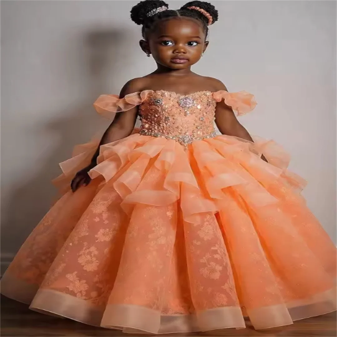 Orange Girls Birthday Party Dresses Customized Beading Lace Princess Flower Girl Dresses for Wedding Baby Kids Pageant Dress