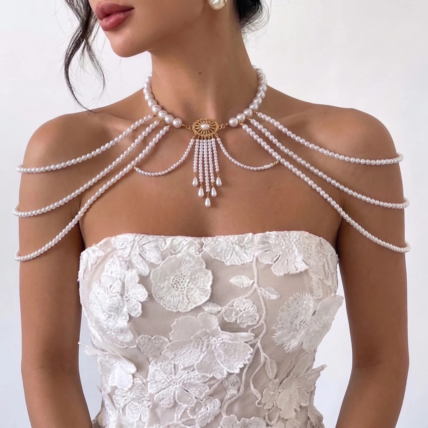 Luxe Shoulder Chain Necklace Draped Beaded Cape Tassel Collar Body Jewelry for Women Wedding Bridal Party Dress Accessory