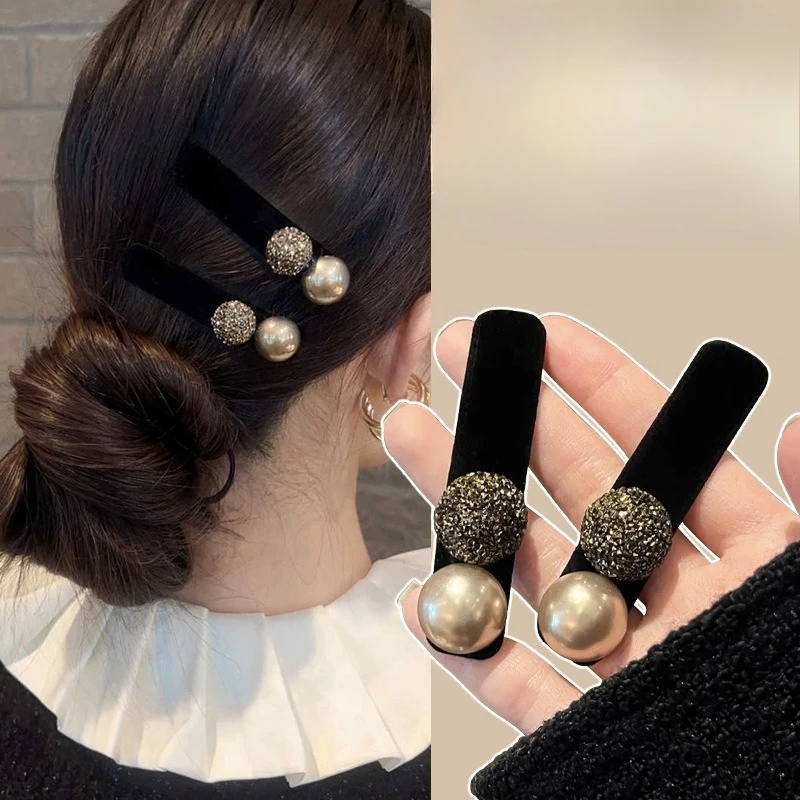 

Pearl Rhinestone Velvet Hair Clip Women Forehead Bangs Side Hairpin Back Head Broken Hair Clip Girls Sweet Styling Accessories