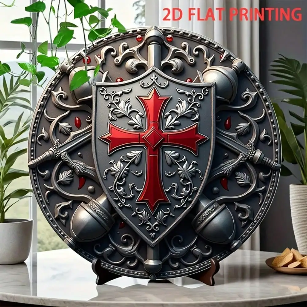 Wooden Vintage Round Templar Cross Shield Sign, Rustic Medieval 2D Flat Print Wall Art, Retro Knight Crusade Decor, Farmhouse Wa