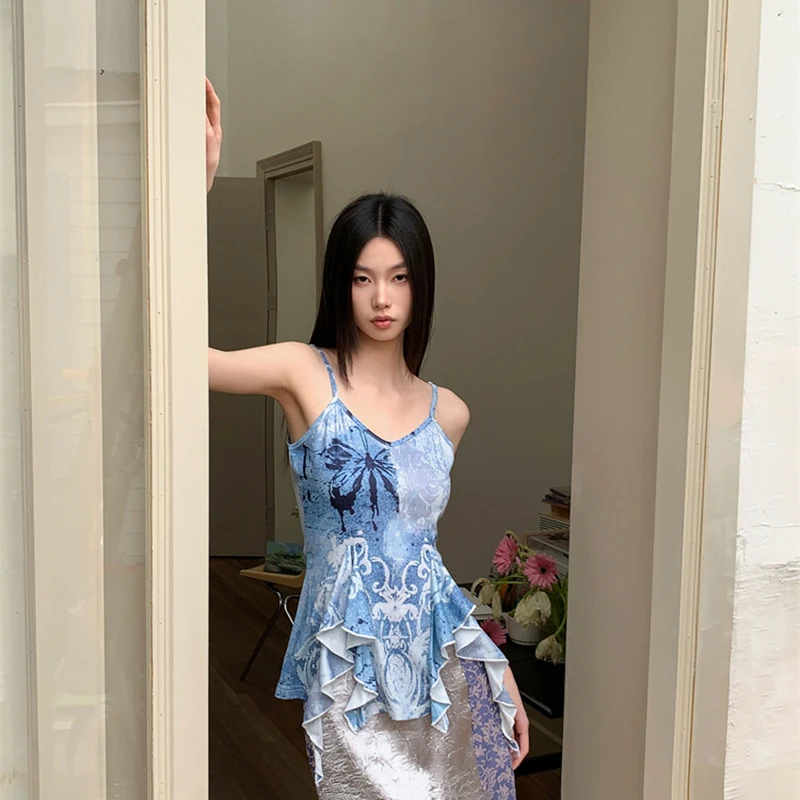 

Retro Casual Women Tanks Y2k Korean Sexy Off Shoulder Blue Women Camis Summer New Slim Ruffles Asymmetrical Ladies Crop Tops