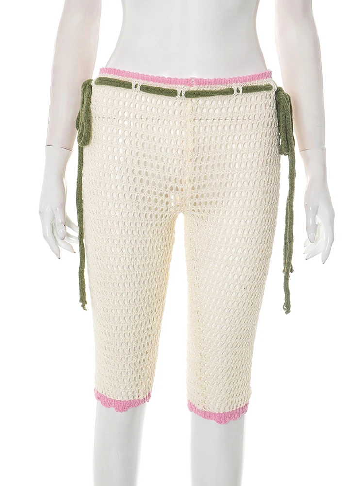 Macheda Kontrast Patchwork Shorts Frauen Häkeln Hohl Raffen Verband Hohe Taille Dünne Stretch Wrap Hüfte Sexy Mode Böden