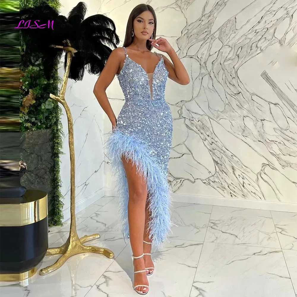 

LISM Glitter Sequin Feathers Mermaid Prom Dress Sexy V-Neck Spaghetti Straps Evening Dresses Luxury Cocktail Party Gowns 2023