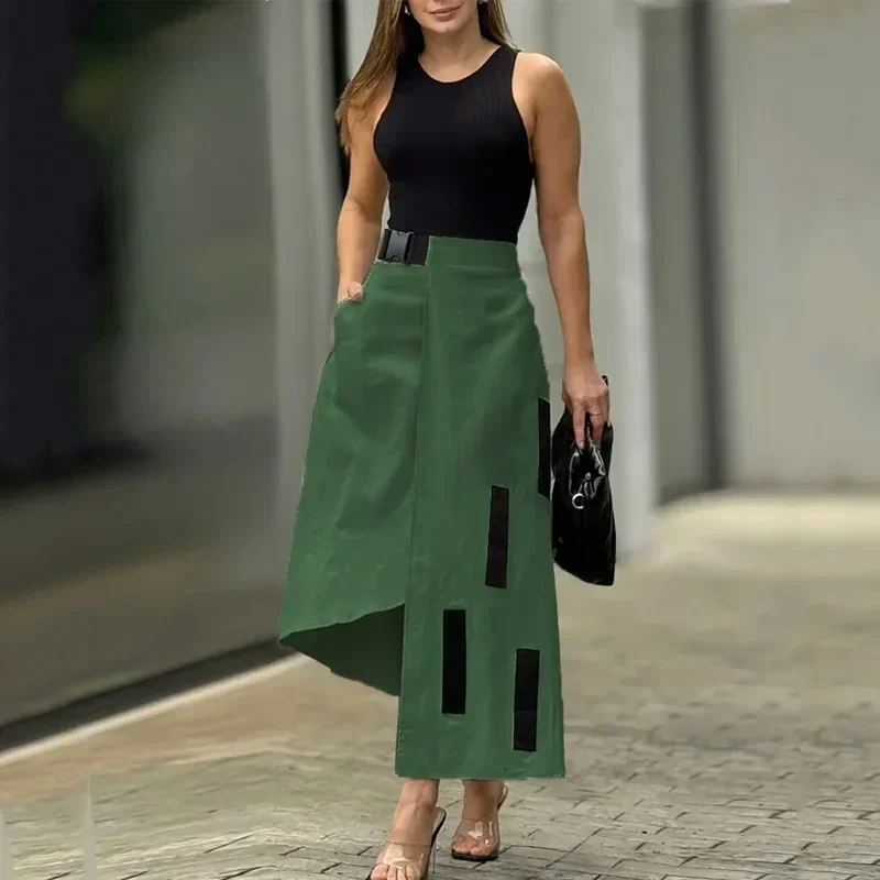 Women's Casual Dress Set Solid Color O-neck Pullover Vest Irregular Patchwork A-line Skirt Fashion Summer