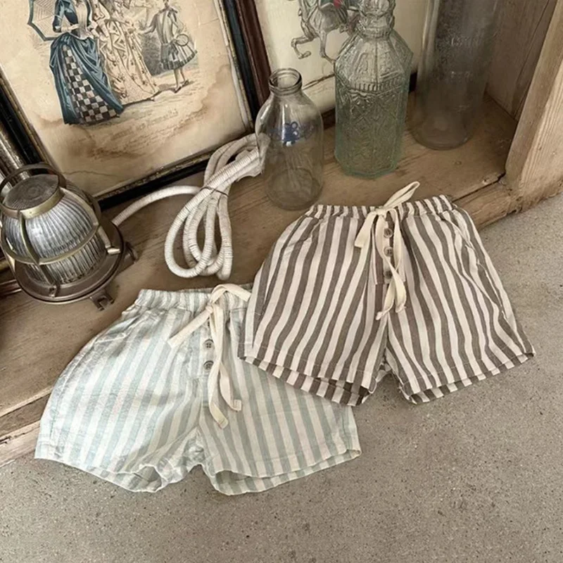 Ircomll Summer Children's Clothing Short Vintage Linen Cotton Stripe Short Pants Boy Girl Casual Shorts Kids Casual Wear 9M-6Y