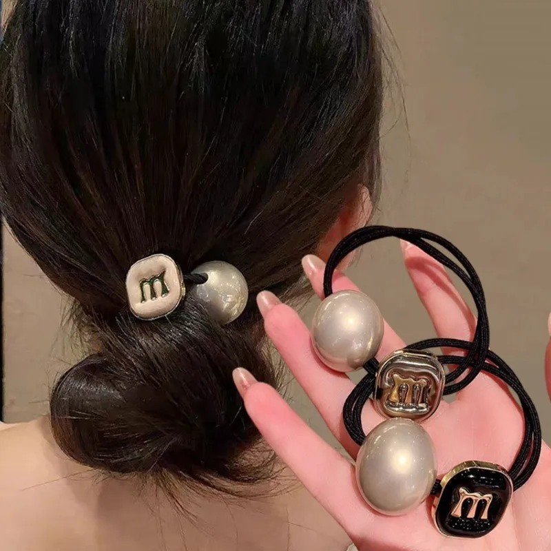 

Fashion Imitation Pearl Charms Hair Ties Elastic Letter M Hair Rope Ponytail Holder Rubber Band For Women Girls Party Headwear