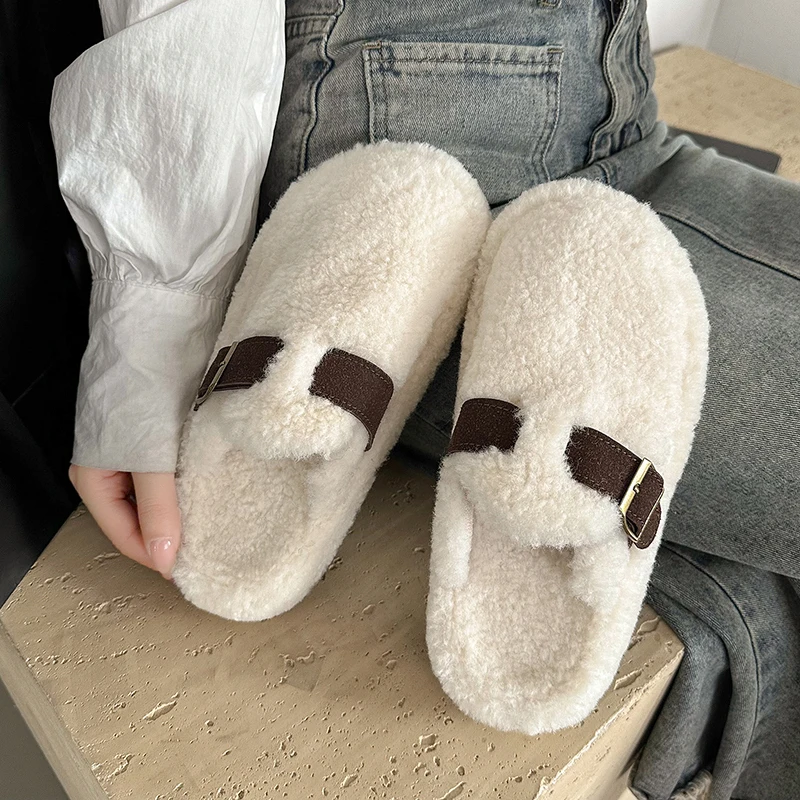 2024 Women Fashion Platform Fur Slippers Winter Non Slip Warm Plush Fluffy Slides Solid Closed Toe Indoor English Style Casual