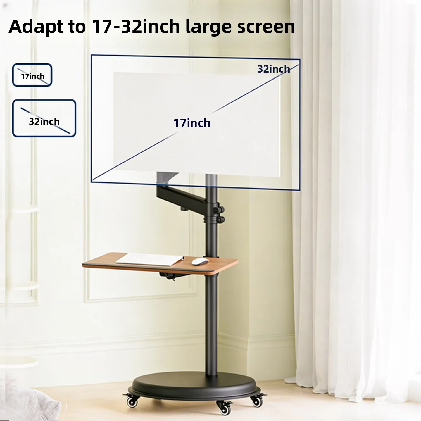 Mobile Monitor Floor Stand 360 Rotating Screen Cart with Keyboard Tray Locking Quiet Casters Stable Base for Livestream Workou