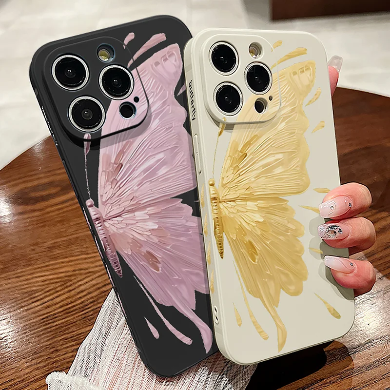 Gilded Butterfly Pattern Phone Case For iPhone 15 Pro Max 14 Plus 13 12 11 Pro 7 8 XR X XS Shockproof Soft Silicone Cover Coque