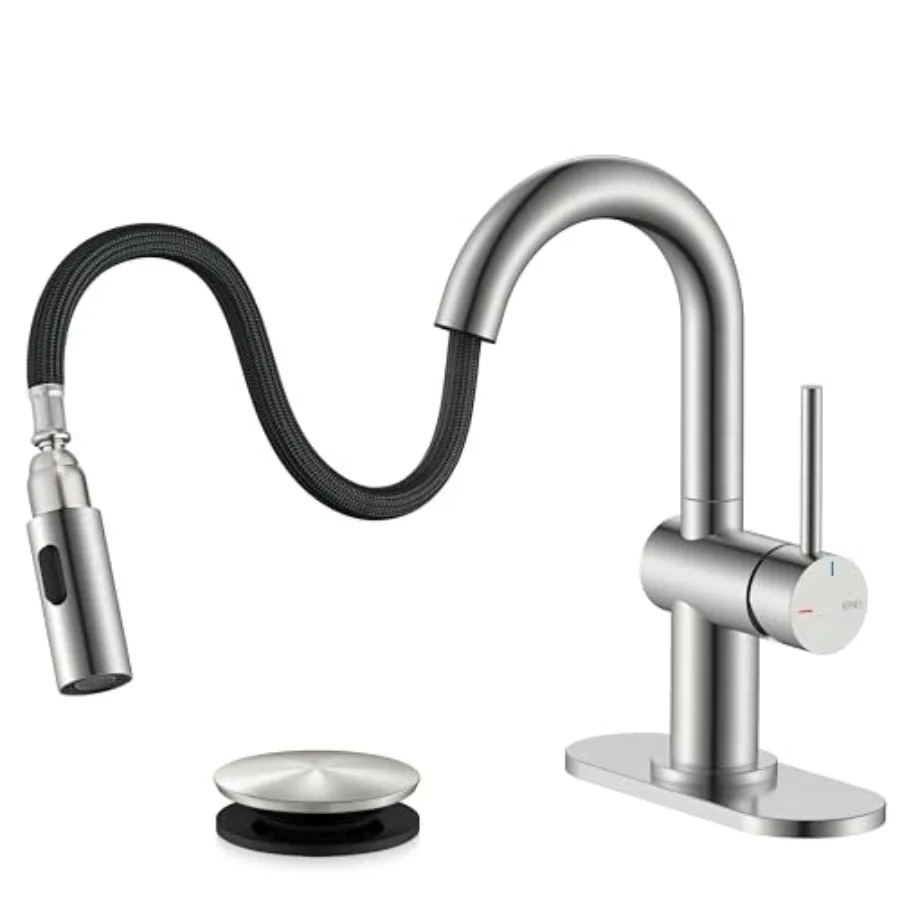 

Bathroom sink faucet with pull-down sprayer brushed nickel finish single-handle design for vanity use includes pop-up drain and