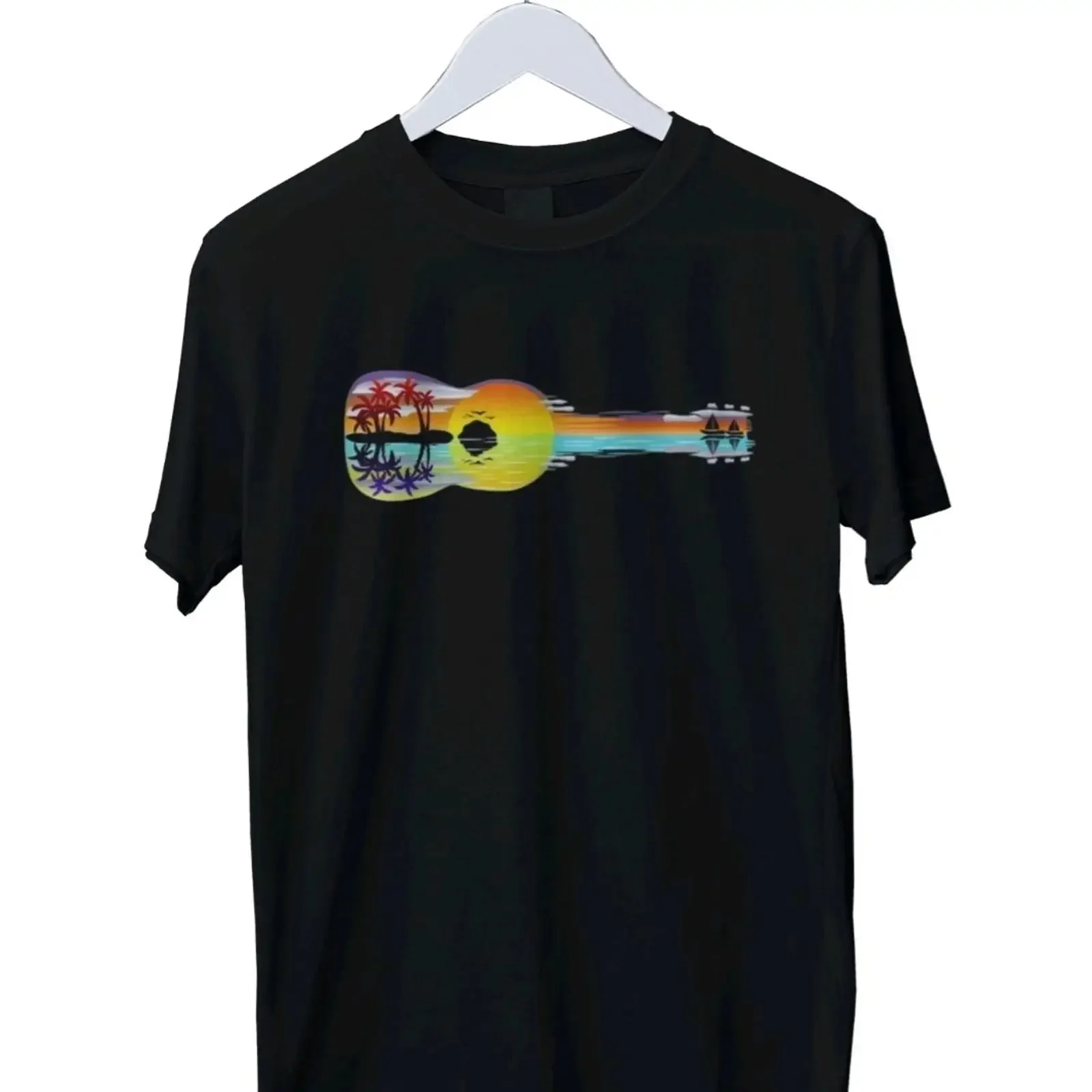 Tropischer Sonnenuntergang Gitarre Landschaft Sommer Strand Vibes T Shirt Herren alle Größen vintage Washed homme Comfortable