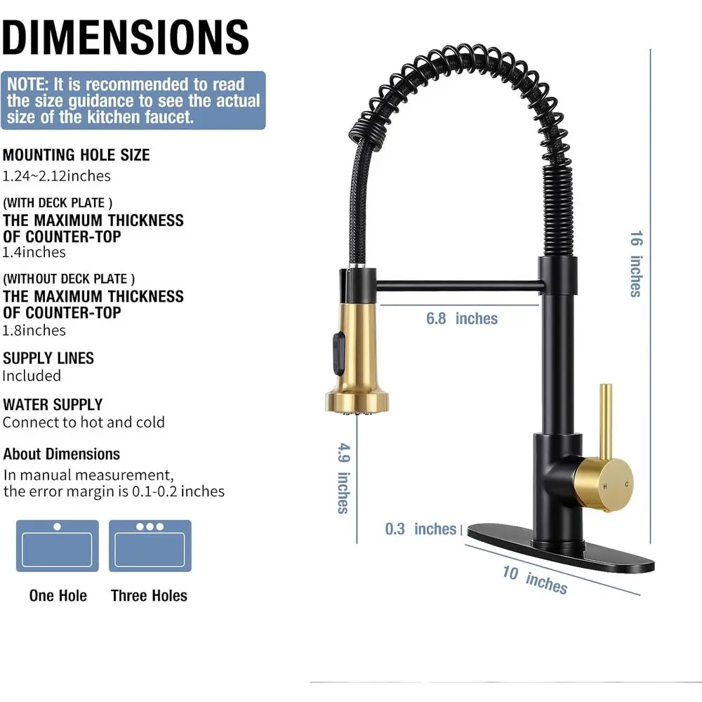 Grifo de cocina con rociador extraíble de alto arco, negro mate y oro cepillado, con resorte, 1 o 3 orificios, para granja, RV y fregadero de recipiente