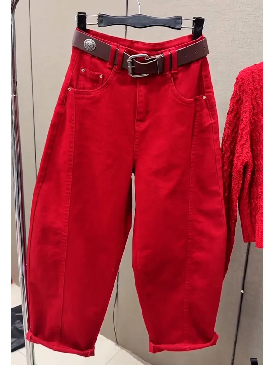 High Waist Loose Fit Casual Cotton Jeans Women's Autumn New Style Harlan Pants Nine Points Knife  Design Washed Denim