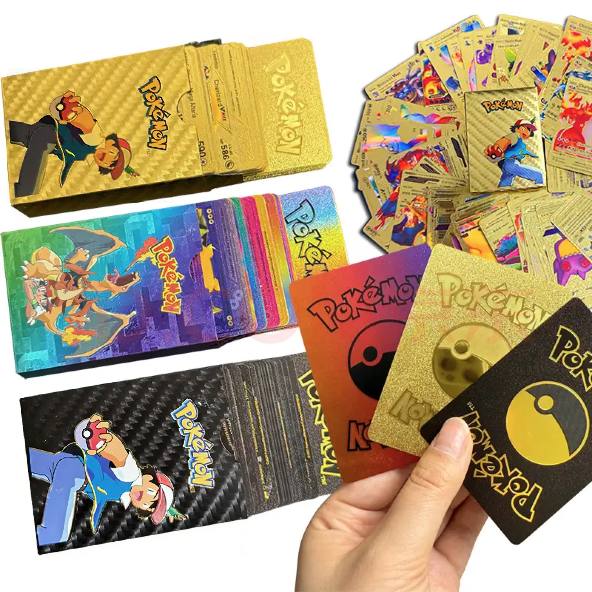 Cartes Pokemon colorées en feuille d'or, 55/110 pièces, Pikachu Charizard Arceus, diamant arc-en-ciel, anglais, français, espagnol, allemand, cartes VMAX GX