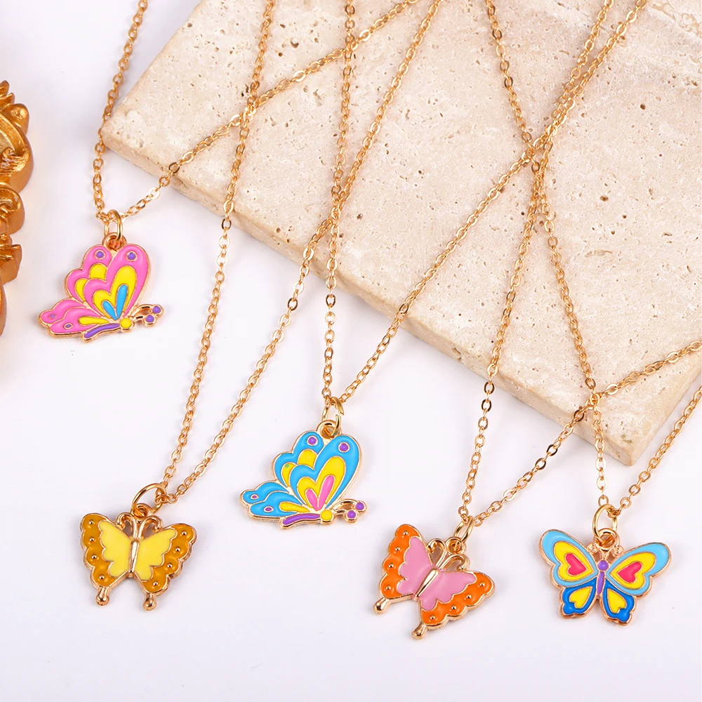 Sweet Alloy Enamel Colorful Flying Butterfly Pendant Necklace For Women Girls Cute Insert Choker Necklace Party DIY Jewelry Gift