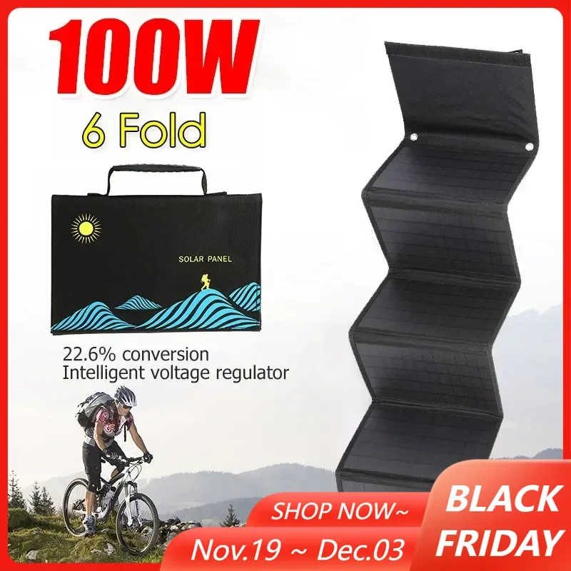 

100W 6 Fold Solar Panel Folding Bag USB+DC Output Outdoor Solar Charger Portable Power Bank Phone Charging Power Supply