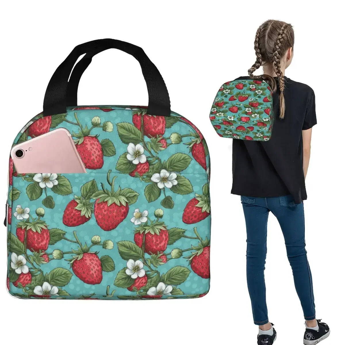 Beautiful Highly Stylized Strawberry With Flowers Pattern Insulated Lunch Bag for Women Children Food Boxes Thermal Lunch Box