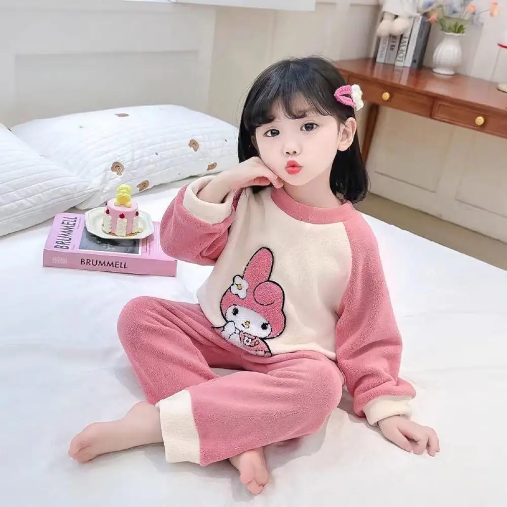 Sanrio Kuromi Girls Pajamas Suit My Melody Autumn Winter Cartoon Sleepwear Flannel Homewear Child Kawaii Cute Sweet Loungewear