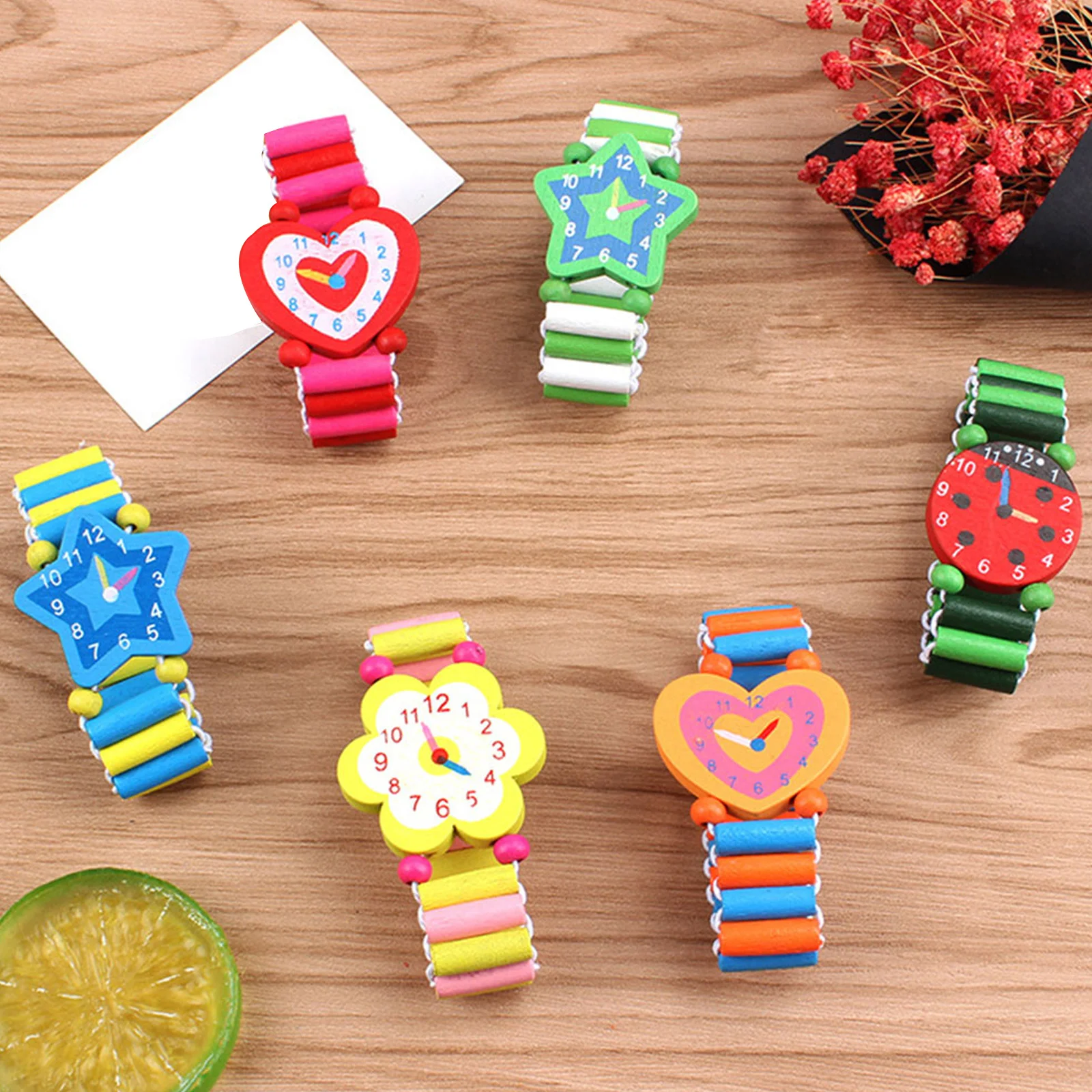 5 Stück Cartoon-Uhr für Kinder, Holzuhr, helle Farben, Zeitkognitions-Spielzeug für Kinder, frühes Lernen, pädagogisch